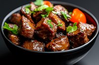 Glazed pork belly chunks in black ceramic bowl garnished with fresh herbs and red chili pepper, served on dark background with dramatic lighting.