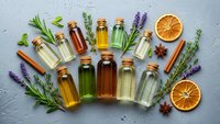 Natural essential oils in glass bottles with fresh herbs, dried orange slices and spices arranged on textured surface for aromatherapy and wellness.