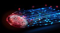 Digital fingerprint scan with glowing red and blue light trails dissolving into streaming data particles against dark background, representing cybersecurity and biometric authentication.
