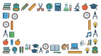 Collection of school and education icons including books, backpack, pencils, scissors, globe, calculator, beakers, microscope, apple, graduation cap, compass, clock, ruler, and lightbulb arranged in a frame border on white background, isolated and ready for educational design projects.