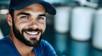 Happy young Middle Eastern man with beard wearing baseball cap smiling at camera in modern workplace environment for business and lifestyle concepts.