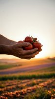 Farmer hands holding fresh red tomatoes at sunset in agricultural field showcasing organic harvest and sustainable farming practices.