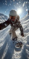 Snowboarder in action on snowy mountain slope with sun flare and falling snow particles creating dynamic winter sports atmosphere.