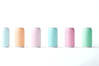 Row of pastel colored aluminum beverage cans in mint green, peach, light pink, turquoise, rose pink, and seafoam green against white background.