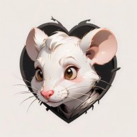 Adorable white mouse portrait in black heart frame, cute pet rodent with pink nose and brown eyes, whiskers and expressive face for stickers and prints.