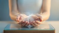Hands cupped together holding glowing digital network connections with light rays emanating from palms representing technology innovation and connectivity.