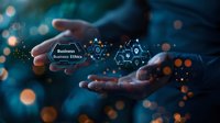 Business ethics concept with glowing hexagonal icons floating between hands against dark background with bokeh lights and digital elements.