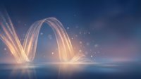 Abstract flowing light trails creating elegant curves over reflective surface with glowing particles and gradient blue to purple background for digital art.