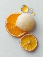Fresh orange slices with white sugar sphere and golden oil drops on light background, minimalist food composition for cosmetic and spa products.