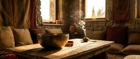 Cozy rustic interior with wooden table, steaming bowl, warm sunlight streaming through window, traditional home decor, comfortable seating area.