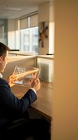 Professional businessman analyzing financial data on transparent digital tablet with holographic charts and graphs in modern office environment.