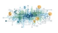 Digital financial technology concept with currency symbols, coins, and circuit board elements for fintech and banking solutions.