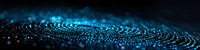 Glowing blue digital wave pattern with luminous particles forming dynamic spiral curves against dark background. Abstract technology concept for presentations.