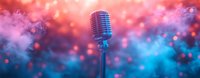 Vintage microphone on stage with dramatic pink and blue smoke effects and bokeh lights creating atmospheric concert ambiance.