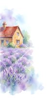 Watercolor painting of charming cottage with red roof surrounded by blooming lavender fields in soft purple and blue tones for home decor and wall art.