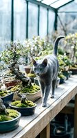 Gray cat with green eyes walking among bonsai trees on a wooden table inside a bright greenhouse with lush plants.