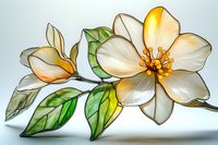 Delicate white jasmine flower with green leaves painted in watercolor style on light background, soft yellow accents and translucent petals create ethereal effect.