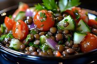 Fresh lentil salad with cherry tomatoes, cucumber chunks, red onion and herbs in black bowl, macro food photography for healthy eating and recipes.