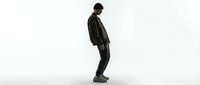 Young man with dark hair and olive complexion wearing casual olive green jacket and dark pants, standing in bent-over posture against white background. Suitable for health, posture, and wellness content.