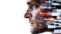 Male profile portrait with digital glitch effect and urban night cityscape double exposure, representing artificial intelligence and modern technology advancement.