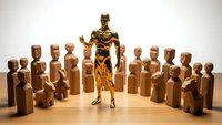 Golden humanoid robot standing among wooden human figures representing leadership, artificial intelligence, and team management concepts.