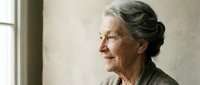 Senior Caucasian woman with gray hair in bun gazing thoughtfully out window in soft natural light, expressing wisdom and peaceful contemplation at home.