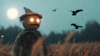 Eerie scarecrow with glowing eyes stands in autumn field at dusk as ravens fly against moody sky with full moon, creating haunting Halloween atmosphere.