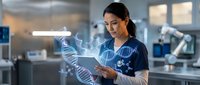 Female scientist examining holographic DNA double helix structure in modern laboratory. Medical research, genetic engineering and biotechnology concept.