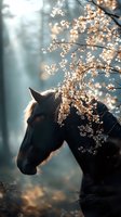Black horse silhouette under blooming cherry tree branches at sunrise, with soft bokeh light effects creating dreamy spring atmosphere in misty forest.
