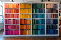Colorful rainbow bookshelf with books arranged by color spectrum from red to blue, creating vibrant visual display in modern library or bookstore interior.