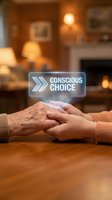 Elderly and young hands clasped together on a table with a glowing conscious choice hologram, symbolizing care and decision-making.