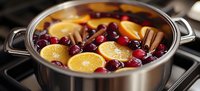 Mulled wine with orange slices, cranberries and cinnamon sticks simmering in steel pot on stove. Warm spiced holiday beverage preparation for winter celebrations.