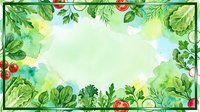 Watercolor garden frame with fresh vegetables and herbs surrounding white center space, ideal for food blogs, recipe cards, and culinary designs.