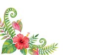 Tropical floral corner arrangement with pink hibiscus, fern fronds, and spiral leaves isolated on white background, ready for design projects.