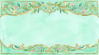 Ornate turquoise frame with gold scrollwork and floral accents on watercolor background, isolated on transparent background for design use.