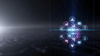 Digital technology network with glowing business icons floating above circuit board surface in futuristic cyber space environment for corporate presentations.