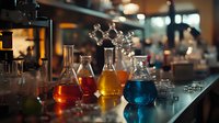 Colorful laboratory glassware with chemical solutions in red, yellow and blue on dark table in research facility, scientific experiment setup with molecular model.