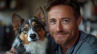 Caucasian man with beard smiling next to tricolor Australian shepherd dog, showing bond between pet owner and companion animal in home setting.
