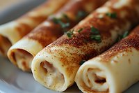 Freshly baked thin crepes rolled with filling and sprinkled with cinnamon powder and fresh herbs, served on white plate. Close up macro food photography.