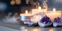 Amethyst crystals and burning candles create peaceful spa atmosphere for meditation, healing rituals, wellness practices and spiritual relaxation sessions.