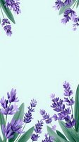 Purple lavender flowers frame on mint green background, creating elegant botanical border for wedding invitations, spa promotions, or aromatherapy products.