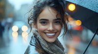 Young woman with bright smile holding black umbrella in rain, wearing cozy winter coat. Blurred city lights and wet weather create romantic evening atmosphere.