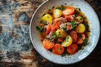 Colorful stew with tender meat chunks, carrots and potatoes in savory broth garnished with fresh herbs on rustic wooden table.