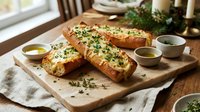 Toasted baguette halves topped with melted cheese and fresh herbs on a wooden cutting board, served with olive oil dipping sauce.