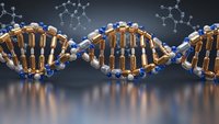 DNA double helix structure with molecular bonds on dark background for genetics research, biotechnology and medical science applications.