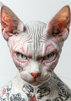Close-up portrait of tattooed Sphynx cat with intense green eyes and wrinkled skin against light background, showing distinctive feline features and body art.