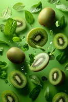 Fresh kiwi fruit slices and whole fruits with green spinach leaves and water droplets on vibrant green background for healthy eating concept.