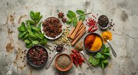 Aromatic spices and fresh herbs arranged on rustic concrete surface. Colorful culinary ingredients including cinnamon, turmeric, peppercorns and basil leaves.