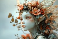 Mystical forest creature with coral flowers crown and freckles, pale ethereal skin, and delicate features against dreamy blue background. Fantasy art portrait.