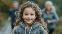 Happy young girl with curly blonde hair wearing gray hoodie smiling outdoors with blurred family background for lifestyle and childhood concepts.